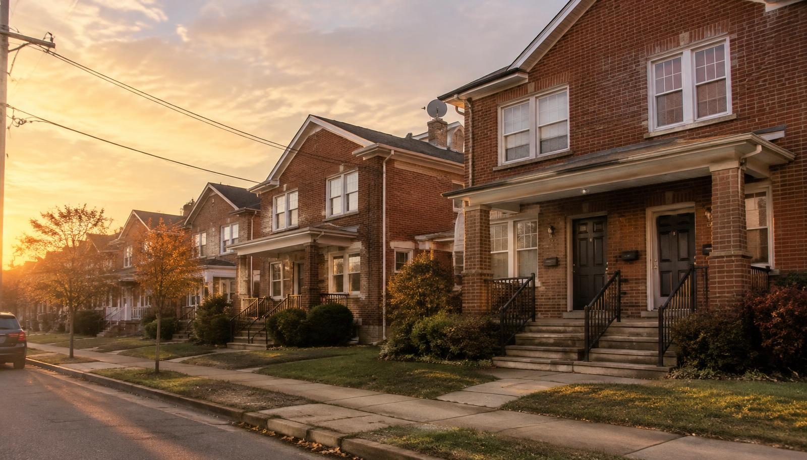 Row of brick two-family rental homes on a quiet New Jersey street at sunset